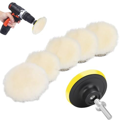 Linkstyle 7PCS 3inch Wool Polishing Buffing Pad with Hook and Loop Back, for Drill Buffer Attachment with M10 Drill Adapter, Car Buffer Polisher Kit for Car Polishing Waxing