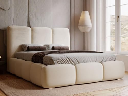 GRAINGOLD Bubble Bett 200x200, Polsterbett mit Bettkasten, Polsterbett mit Stauraum, Samt, mit Lattenrost, mit Kopfteil, ohne Matratze (Beige, 200x200)