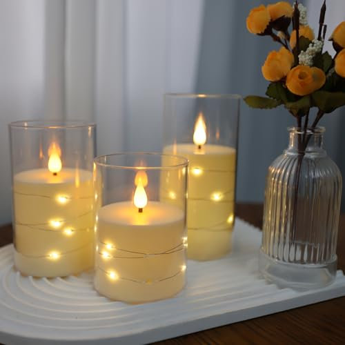 Candele a LED, Candela da incasso avorio, candele a batteria, con luci a stringa incorporate 3 candele senza fiamma, funzione timer 24 ore, (batteria non inclusa)