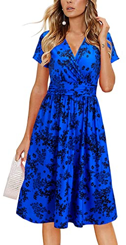 OUGES Women Summer Casual Dress V Neck Short Sleeve Ladies Spring Mothers Day Midi Dress(Floralz24-419,XL)