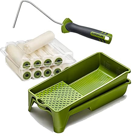 Colorus Lackier Set Velours lösemittelbeständig 10 cm 4 mm Flor | 10 x Lackierrollen inkl. 2K Farbrollerbügel + 2 x Farbwanne 15 x 32 cm | Heizkörperroller, Lackwalze | 2K Bügel + Farbwannen