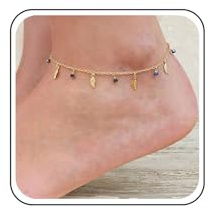 Bracelet Cheville Boho en Cristal Feuilles d'Or avec Pompon, Chaîne Pied Bleu pour l'Été, Bijoux Plage pour Femmes et Filles Cadeaux