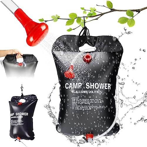Gohytal 5 gallons 20L Solar Shower Bag, Portable Solar Heated Travel Camping Shower Bag Hot Water with Removable Hose and on-Off Switchable Shower Head for Beach Swimming Outdoor Traveling Camping