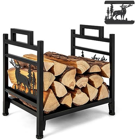 COSTWAY Range Bûche Intérieur, Porte-Bûches Métal Charge 60 kg pour Rangement Bois Intérieur, Porte Bûche Cheminée pour Poêle, Foyer, Motifs d'Orignaux Arbres, 46 x 34 x 45 cm(Orignal)