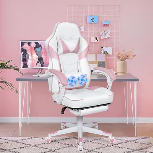 YU YUSING Silla Gaming Ergonómica con Masajeador, Silla de Ordenador Oficina con Reposacabez, Sillón Gamer Escritorio con Soporte Lumbar Reposapiés, Altura Ajustable, Cadeira Gaming, Rosa Blanco