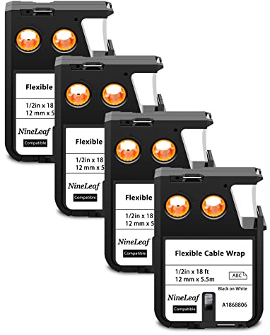NineLeaf 4 Packung Ersatz für Dymo 1868806 A1868806 12mm x 5.5m 0.47'' 1/2 Zoll Schwarz auf Weiß Bänder Flexible Kabelummantelung Nylon Schriftband für Rhino XTL-300 XTL-500 Beschriftungsgerät