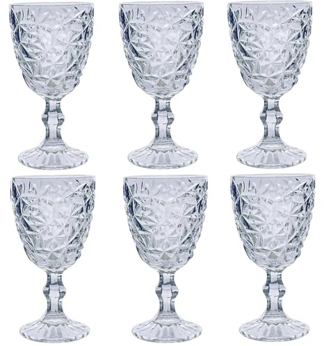 Lot de 6 verres à vin vintage brillants avec motif strié (Kristal, bleu brillant), verres à cocktail en relief, verre à vin, verre à eau, verre en verre