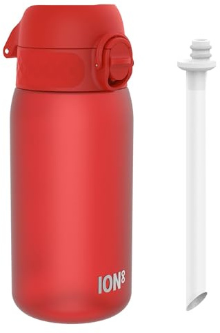 ION8 Gourde Paille, 350 ml/12 oz, Étanche, Facile à Ouvrir, Verrouillage Sécurisé, Lavable au Lave-vaisselle, Sans BPA, Poignée de Transport, Couvercle Hygiénique, Facile à Nettoyer, Sans Odeur, Rouge