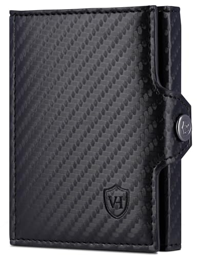 VON HEESEN Slim Wallet mit Münzfach & RFID-Schutz - Mini Geldbörse Herren & Damen - Kartenetui Kreditkartenetui - Portmonee Geldbeutel Portemonnaie klein Carbon-Schwarz