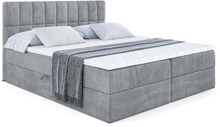 ALTDECOR Boxspringbett mit Matratze und Lattenrost, Boxbett, Topper, Polsterbett mit Bettkasten, Bett mit Stauraum H3-Matratze, Doppelbett, Springboxbett - Miami - 180x200 - Grau Samt