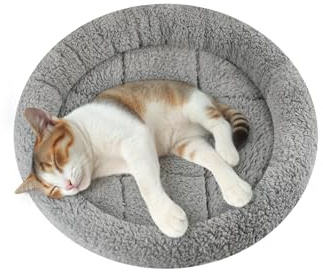 Enjoying Kattkudde rund 35 x 35 cm, värme kattsovplats för små hundar katt hare, mild kattsäng med kudde, kattmatta för bur transportlåda, halkfri, tvättbar