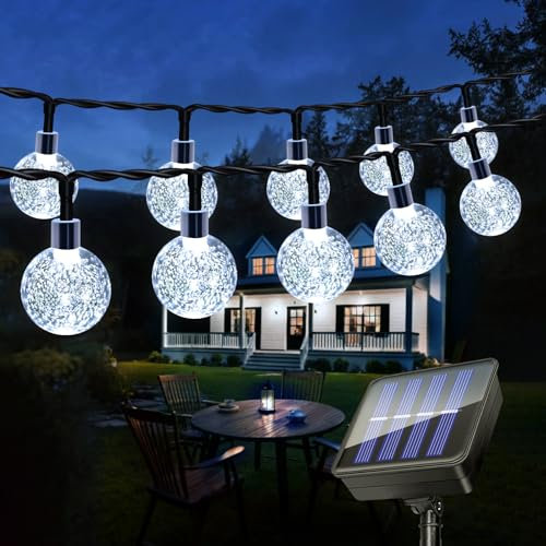 Guirlande lumineuse solaire d'extérieur - 8 m - 30 LED - Étanche - 8 modes - Boule de cristal - Pour intérieur/extérieur - Décoration de jardin pour terrasse, cour, fête, Noël (blanc froid)