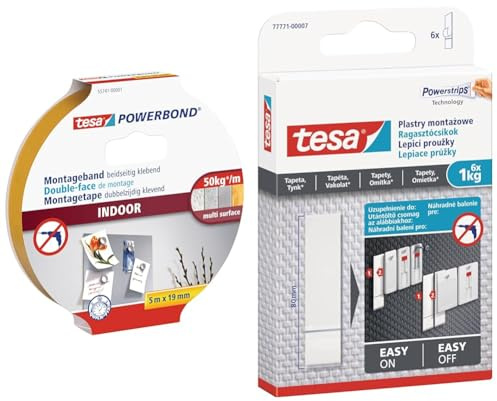 tesa Powerbond INDOOR - Doppelseitiges Montageband für den Innenbereich & Powerstrips Tapete&Putz
