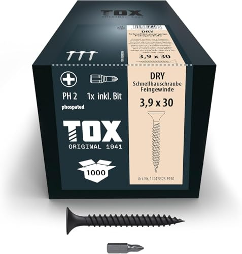 TOX Tornillos para cartón yeso DRY FG 3,9 x 30 mm, magazinados para montaje rápido con destornillador de cargador, cartón yeso sobre subestructura metálica, 1000 piezas en caja, 142453253930