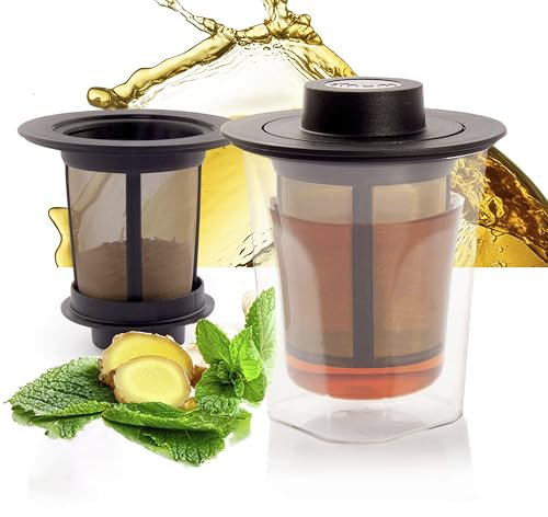 finum® SMART Brew System (180 ml) - Doppelwandiges Teeglas, Filter & Deckel & Abtropfschale, Teezubereitung Becher, Teefilter, Glasbecher, Teebehälter, Tea Cup, Filtereinsatz, BPA-frei - Schwarz (12)