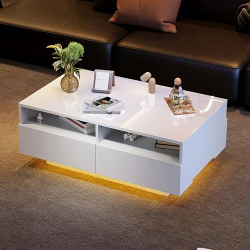 PUGSDRLY Table Basse,Table Basse Salon Moderne avec 4 Tiroir et éclairage LED,Table de Salon avec Compartiment Ouvert,90x55x35 cm (Style 3, Blanc)