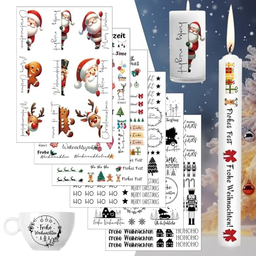 6 Stück Kerzentattoos Weihnachten, Kerzen Sticker Weihnachten, Weihnachten Kerzenfolie, Kerzentattoo Wassertransferdruck, für Kerze Tasse DIY Geschenk, Kerzen Dekorieren