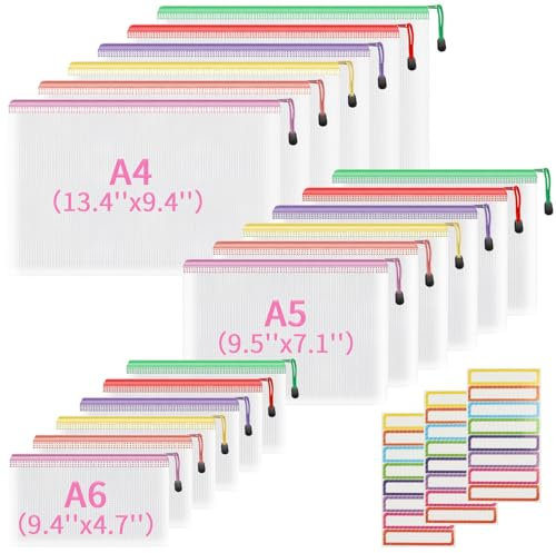 18 Stück Dokumententasche mit Reißverschluss,3 Größen Dokumententasche A4+A5+A6 Kunststoff Mesh Datei Taschen Dokumententaschen für Schule, Zuhause, Büro, Reisen, Kosmetika (6 Farben)