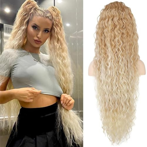 FDEETY Coleta Postiza Rizada Ondulada Larga 90cm Cola Caballo Extensión Cabello Sintético Voluminosa Ajustable Natural