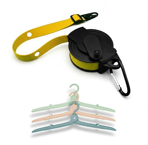 NatureSculpt Einziehbare Wäscheleine mit Gurtbändern in 3 Farben & 3 Faltbare Kleiderbügel in Pastelltönen – Platzsparend, Robust & Perfekt für Camping und Reisen (Gelb-Schwarz)