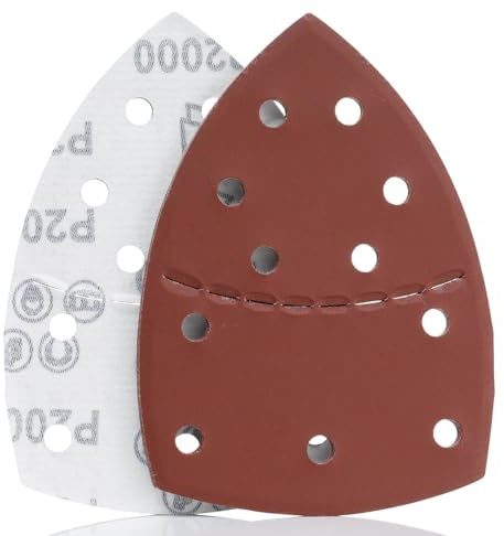 YoiYee Lot de 10 feuilles abrasives grain 2000, papier de verre Delta triangulaire, fermeture auto-agrippante, 11 trous, accessoires pour ponceuse multi-ponceuse, rouge