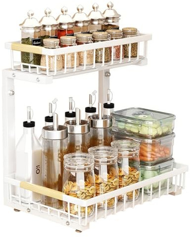 JOUING Almacenaje Bajo Fregadero de Metal Organizador Cocina 2 Niveles con Mango de Madera Cajones Extraible con Altura Regulable Estante de Almacenamiento para Cocina, Baño (Blanco, 1 Paquete)