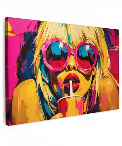 MuchoWow© Quadro Su Tela Grandi Dimensioni Quadri Moderni Soggiorno Stampa | 120x80 cm - Di Foto Decorazione Camera Letto Da Parete Con Cornice Dipinti Occhiali Da Sole - Donna - Rosa - Cannuccia