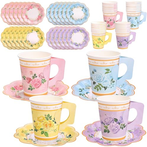 Vivantia 48 Pieces Floral Tea Party Cups and Saucers, 9 Oz Vintage Paper Tea Cups with Handles and 6 Inch Plates, Disposable Blossom Tableware Set Serve 24 for Birthday Wedding Baby Shower