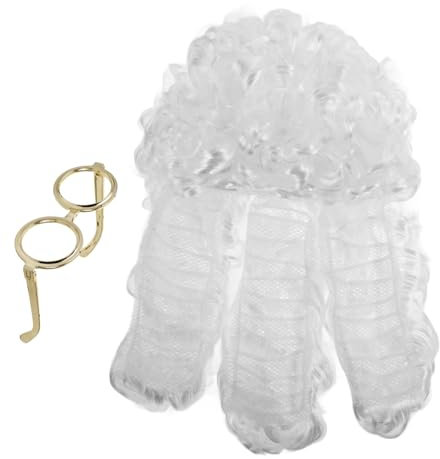 Milisten Lange Lockige Historische Perücke Weiße Kostümperücke Mit Goldener Rahmenbrille Für Richter Jurist Cosplay Party Halloween