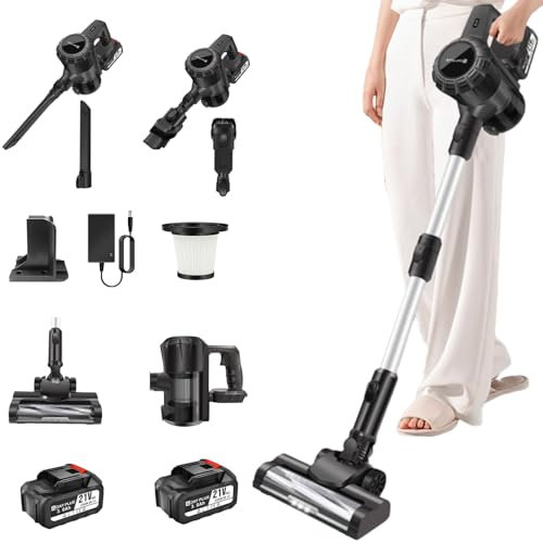 Cordless Vacuum Cleaner with LED, 2x3000mAh Battery, 160W 15000PA Powerful Stick Vacuums & Electric Brooms, Self-Standing Lightweight Handheld Upright Vacuum for Hard Floor Carpet Pet Hair
