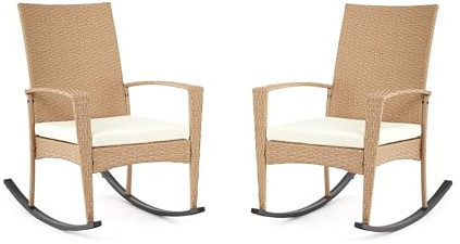 Mondeer Lot de 2 Fauteuil à Bascule, Chaise de Jardin Exterieur en Rotin avec Coussin D'assise, Rocking Chair pour Chambre Salon, 85 x57 x 96 cm, Beige