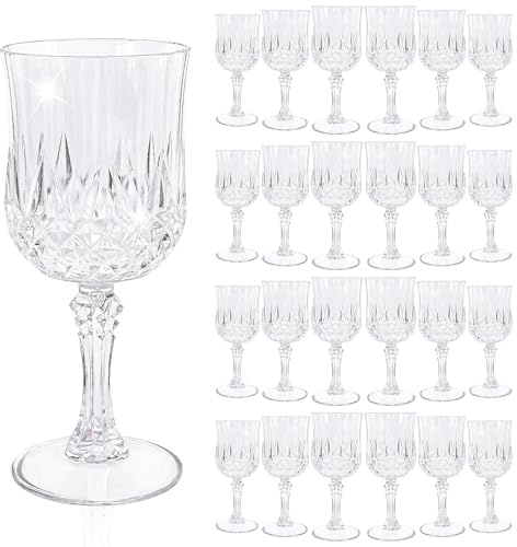 REWOMC 24 Pcs Clear Plastic Wine Glasses,Plastic Goblets for Parties | Vintage Wine Glasses Bulk, Reusable, Drinkware Cups, Wedding, Party, Reception, Event Supplies,Table Decoration