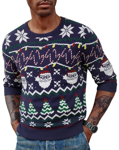 Terecey Jersey Hombre Navideño Estampado Papá Noel y Árbol de Navidad Ropa Navideña Cuello Redondo Suéter Navidad Eventos Temáticos
