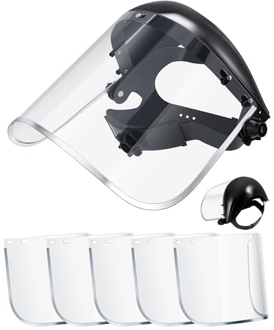 Copkim Safety Face Shield for Grinding & Cutting with 5 Replacement Clear Visor Lightweight Full Impact Resistant Adjustable Face Shield Mask for Work Chemical Woodworking Industrial(Aluminum Edge)
