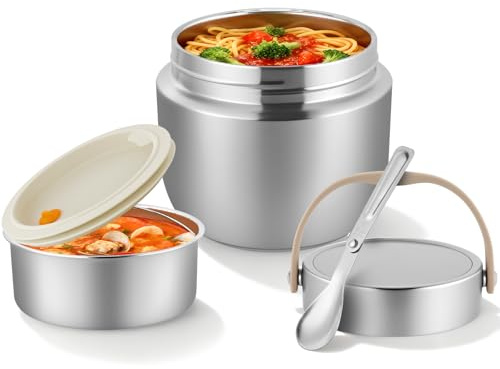 Termo para Alimentos para Adultos de 1,2 l, Termo para Almuerzo de Acero Inoxidable con Cuchara y asa, Boca Ancha con Aislamiento al Vacío para Alimentos Calientes para Niños y Adultos (Plateado)