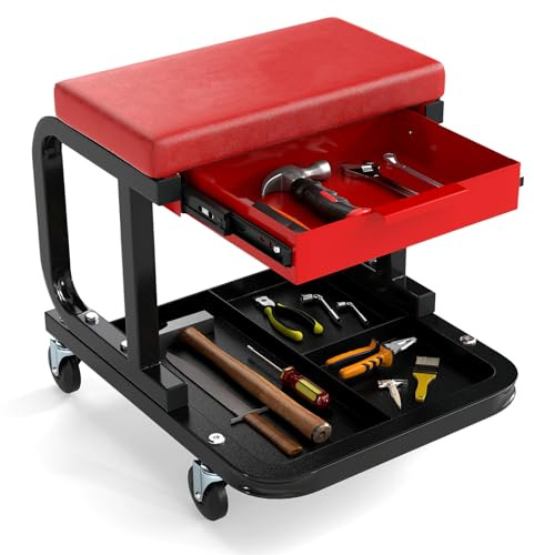 GYMAX Rollender Werkstatthocker, mobiler Rollhocker mit ausziehbarer Schublade, Werkzeugablage & gepolsterter Sitz, Tragfähigkeit von 185 kg, Werkzeugwagen für Garage, Gartenarbei (Rot)