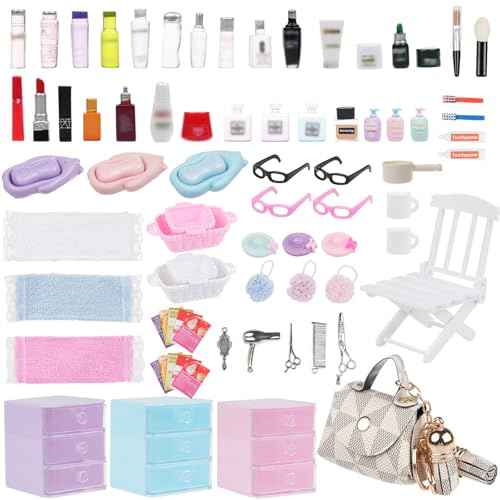 BeadRiver 77Pcs Dollhouse Bathroom Accessories Set - Miniature Makeup & Toiletries with Storage Cases, Handbag, Hair Dryer - 1:12 Scale Doll House Decor for Girls