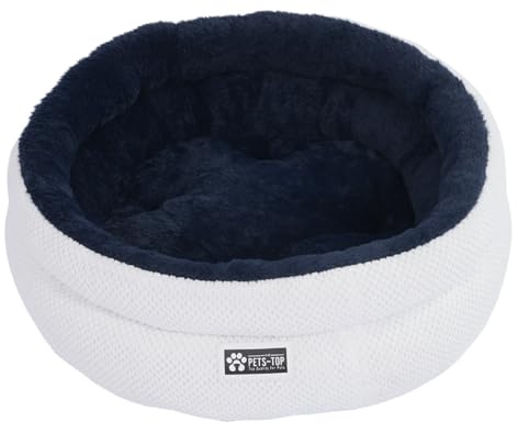 One PETS-TOP kattsäng, rund, fluffig – mjuk kattkudde – sovplats för katt och liten hund – tvättbar, halkfri (blå och vit, 60 cm)