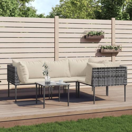 Frdhee Balkonmöbel Set Bistroset Outdoor Möbel,5 TLG. Garten Lounge Set mit Kissen Grau Poly Rattan,Für Garten Terrasse Balkon