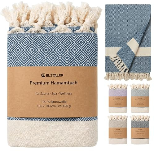 ELZTALER Toalla de hammam 180 x 100 cm de algodón 100% – Toalla de sauna/toalla de sauna y toalla de playa – Ligera, absorbente y de secado rápido – Peshtemal (azul vaquero/azul petróleo)