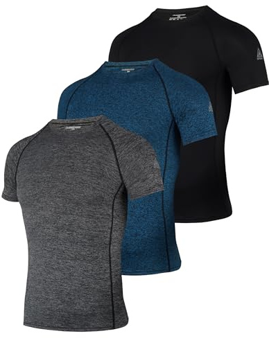 AMZSPORT 3 Pack Maglietta a Compressione da Uomo, a Maniche Corte, Funzionale, Cool Dry, per Allenamento e Corsa,Nerogrigioblu XL
