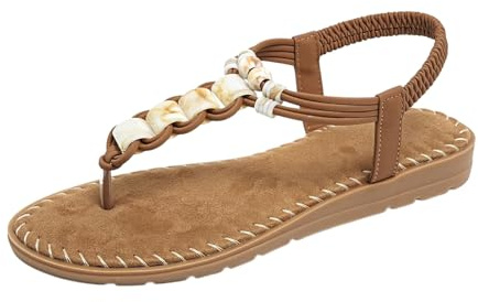 Genérico sandalias,planas con tiras en T y cuentas para,con piedras preciosas de colores y elástico Negras Planas(Khaki,35)