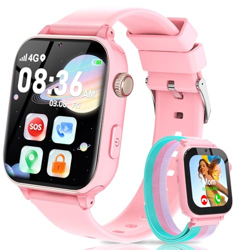4G Smartwatch Kinder, Kinder Telefonuhr mit Videoanruf, Voice Chat, GPS, SOS, Schulmodus, Wecker, Schrittzähler, Spiele, Smart Watch für Jungen Mädchen Kinderuhr Geschenke 4-12 Jahren (Orangerosa)