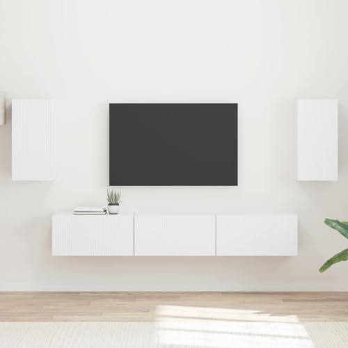 Boltkex TV-skåpset väggmonterat vitt av trämaterial, 5 delar med 2 vägghyllor och 3 TV-skåp, 3 dörrar, 1 hylla, förvaringsutrymme för vardagsrum, hemmabio, mediemöbler