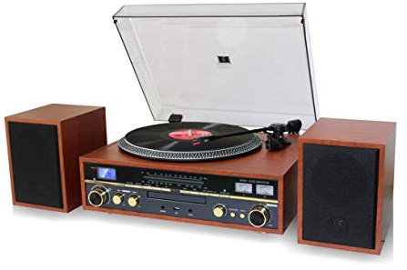 TechPlay Commander, 3 Speed Turntable w/Pitch Control, CD Player, Amplifier W/VU Meter, Bluetooth and USB Recording… (Wood)