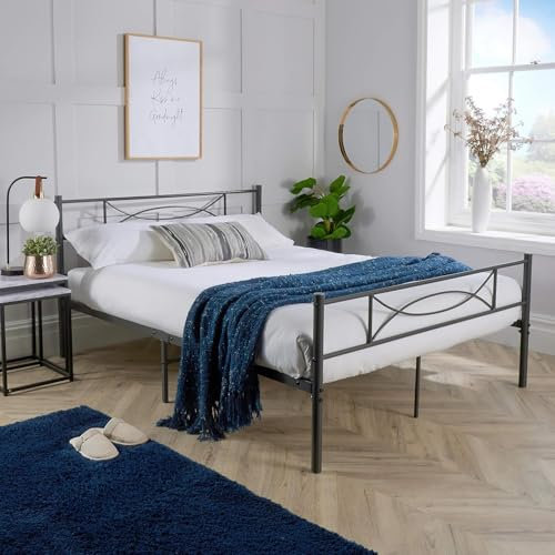 Home Source Slatted Bedframe, Powder Coated Matt Dark Grey Metal Frame, 4ft Small Double