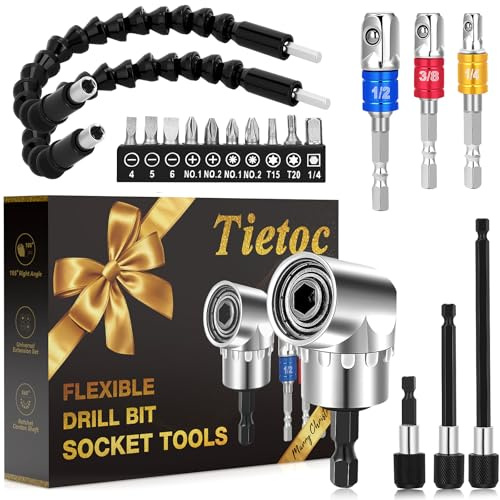 Tietoc 19pcs Flexible-Drill-Bit-Extension Set,Bendable Drill Extension Screwdriver Bit Kit,1/4 3/8 1/2 Universal Socket Adapter Set,Hex Shank 105°Right-Angle-Drill-Attachmen, Mens Gifts Christmas