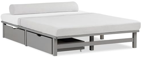 Homestyle4u Palettenbett 140x200 cm mit 2 Schubladen & Lattenrost | Massivholz Kiefer, grau lackiert – inkl. Rolllattenrost, Bettkasten für Stauraum, ideal für WG & Jugendzimmer