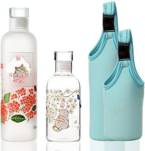 TDN Trinkflasche Glas auslaufsicher 500ml, BPA freie Wasserflasche, Trinkflasche Wasserflasche Glas mit Neoprenhülle, Trinkflaschen für Sport, Spülmaschinenfest, 1 X 500ml & 1 X 300ml Glasflasche