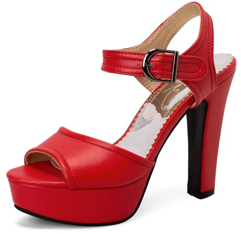 Lroey Reoly Sandalias de Mujer, Sandalias de Tacón Alto con Punta Abierta Hebilla Tacón Ancho Sandalia de Verano Correa de Tobillo con Plataforma, 6795Wdm Rojo Talla 43 EU